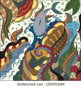 Abstract doodles in nautical style. Sea depths and inhabitants