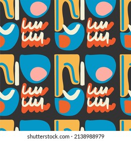 Abstract doodles on black background, seamless pattern. Yellow, red and blue color. Hand drawn fashion vector illustration. Square seamless pattern. Background, wallpaper, poster template.
