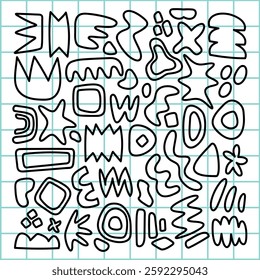 Abstract doodles on a grid background. Various shapes, abstract forms, and doodles create a playful, artistic pattern. Grid and doodles in a creative design. Funky shapes vector set.