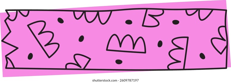 Abstract doodles on washi tape with playful patterns and bold outlines. Geometric shapes and whimsical motifs create a lively design. Cartoon vector illustration.