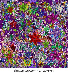 Abstract doodles pattern. Green, black and violet on colors. Seamless Cute fabric pattern. - stock. Vector illustration. Nice background.