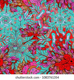 Abstract doodles pattern. Vector illustration. Seamless Cute fabric pattern. - stock. Nice background. Blue, black, pink, red and gray on colors.