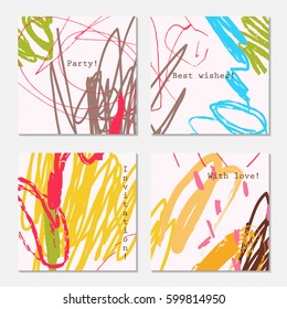 Abstract doodles scribbles marks brown yellow blue on cream.Hand drawn creative invitation greeting cards. Poster, placard,design templates. Anniversary, Birthday, wedding, party cards set of 4.
