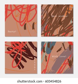 Abstract doodles scribbles marks brown orange.Hand drawn creative invitation greeting cards. Poster, placard, design templates. Anniversary, Birthday, wedding, party cards set of 4.