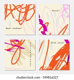 Abstract doodles scribbles marks orange purple on light yellow.Hand drawn creative invitation greeting cards. Poster, placard,design templates. Anniversary, Birthday, wedding, party cards set of 4.