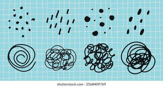 Abstract doodles and scribbles on a grid background. Doodles and scribbles in black ink. Abstract and playful designs on a blue grid pattern. Black hand drawn elements, vector set.