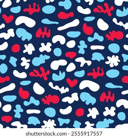 Abstract doodles for seamless print for fabric of children's jackets, outerwear, baby jersey. White, red spots on dark blue background for wallpaper. Repeat pattern with hand-drawn spots, blots.