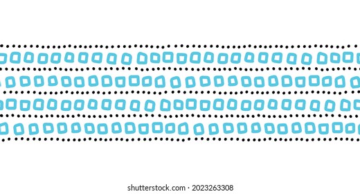 Abstract doodles seamless vector border. Repeating horizontal pattern hand drawn square dot shapes illustration. Kids banner, footer, divider, fabric trim, ribbon, wall decal