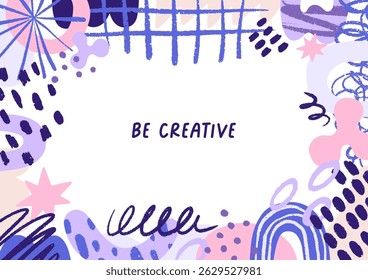 Abstract doodle-style frame design. Modern background with hand-drawn pattern, scribbles, splatters, blobs, creative organic shapes, dots, random elements and strokes. Flat vector illustration