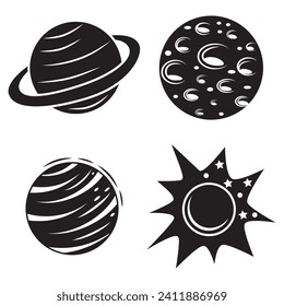 Abstract doodle-style planets, black outline, vector illustration
