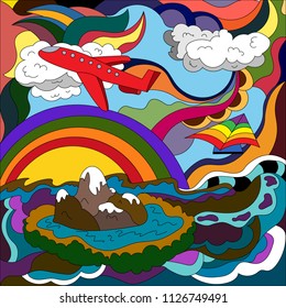 Abstract doodling bright background on a theme of travel and rest.