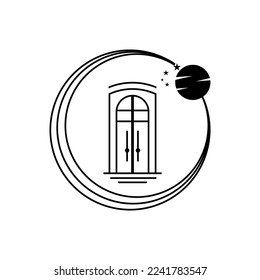 abstract door, moon and circle logo vector design in black and white colors