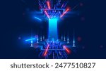 Abstract door in tunnel with digital data center light signals. Future computer technology concept of cyber gate in cyberspace or metaverse. Fantasy cyber door or portal in data center. Tech banner.