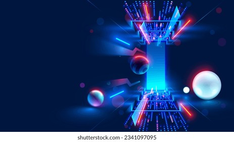 Abstract door in tunnel with digital data center light signals. Future computer technology concept of cyber gate in cyberspace or metaverse. Fantasy cyber door or portal in data center. Tech banner.