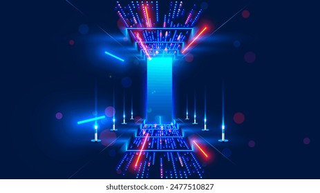 Abstract door in tunnel with digital data center light signals. Future computer technology concept of cyber gate in cyberspace or metaverse. Fantasy cyber door or portal in data center. Tech banner.