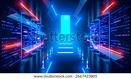 Abstract door in tunnel with digital data center light signals. Future computer technology concept of cyber gate in cyberspace or metaverse. Fantasy cyber door or portal in data center. Tech banner.