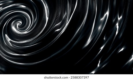 Abstract dot digital circular particle wave. Spiral portal. Liquid vortex. Whirlpool. Hypnotic background. Bright digital glowing circle. Rotating funnel. Abstract vector illustration.