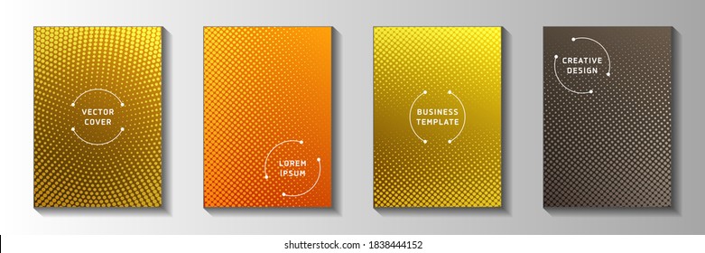 Abstract dot faded screen tone cover page templates vector batch. Scientific flyer perforated screen tone backdrops. Retro cartoon comics style front page leaflets. Distressed prints.