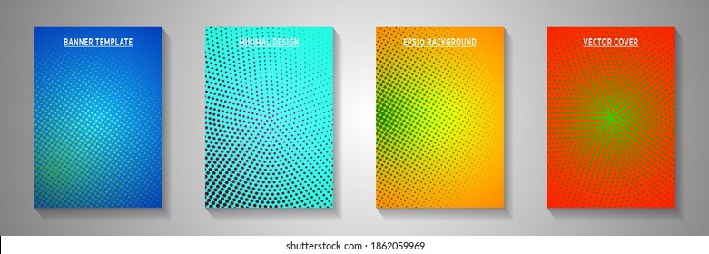 Abstract dot faded screen tone cover templates vector kit. Geometric journal perforated screen tone backgrounds. Retro comics style cover page leaflets. Linear design.