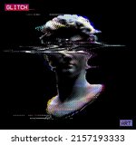 Abstract dot halftone color illustration of glitched classical head sculpture from 3D rendering and isolated on black background.