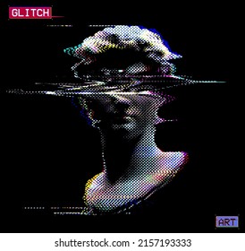 Abstract dot halftone color illustration of glitched classical head sculpture from 3D rendering and isolated on black background.