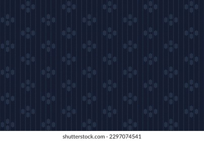 Abstract dot line n flower seamless pattern. Indigo blue element on dark blue background. Vector illustration masculine background, for menswear, silk scarf, fashion garment