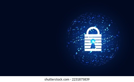 conexión de candado de ciberseguridad digital con círculo de red punto abstracto y comunicación futurista en fondo azul.