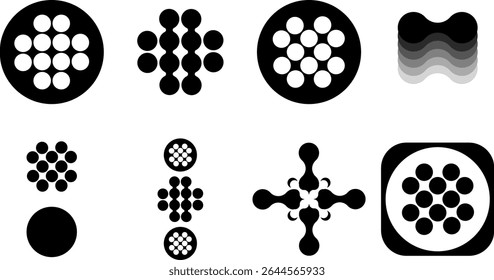 Padrões de ponto abstrato e gradientes: preto versátil e
Formas geométricas brancas e formas onduladas 
 Ideal para ícones tecnológicos, elementos de design digital e logotipos modernos de marca.