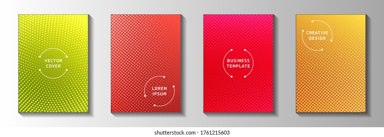 Resumen de la colección vectorial de plantillas de título de semitono perforadas por puntos. Banner corporativo que se desvaneció en medio tono de fondo. Folletos de portada al estilo de los historietas de dibujos animados. Diseño de líneas de arte.