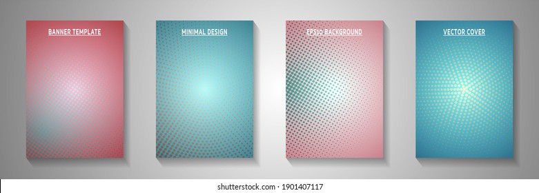 Abstract dot perforated halftone title page templates vector collection. Scientific banner faded halftone patterns. Retro manga comics style cover layouts. Linear design.