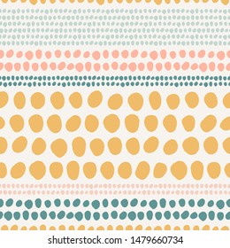 Abstract dot stripes seamless vector pattern. Pastel design for home decor, pillow cases, fashion textiles. Modern tribal print in shades of yellow, blue and pink on neutral background.