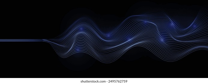 Abstract dot wave line with moving particles on dark background . Digital cyberspace, Big data analytics, 3d rendering, machine learning, and predictive analytics.