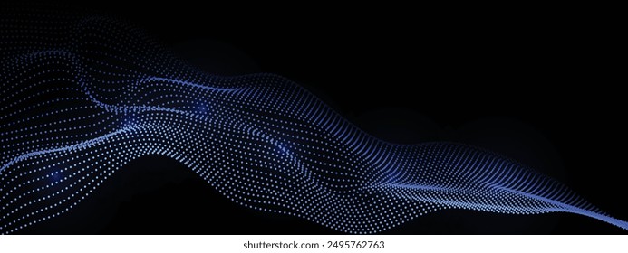 Abstract dot wave line with moving particles on dark background . Digital cyberspace, Big data analytics, 3d rendering, machine learning, and predictive analytics.