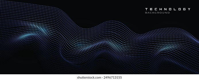 Abstract dot wave line with moving particles on dark background . Digital cyberspace, Big data analytics, 3d rendering, machine learning, and predictive analytics.