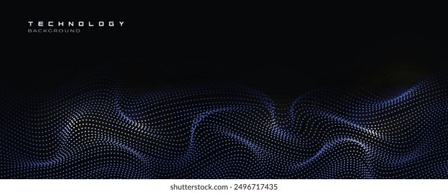 Abstract dot wave line with moving particles on dark background . Digital cyberspace, Big data analytics, 3d rendering, machine learning, and predictive analytics.