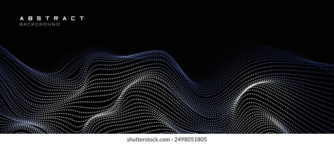 Abstract dot wave line with moving particles on background . Digital cyberspace, Big data analytics, 3d rendering, machine learning, and predictive analytics.
