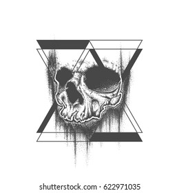 Abstract dot work grunge skull with triangle geometric elements. Template for tattoo or T-shirt print. Vector illustration.