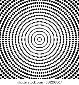 Abstract dots. Circular, radiating dotted pattern. Concentric circles monochrome vector