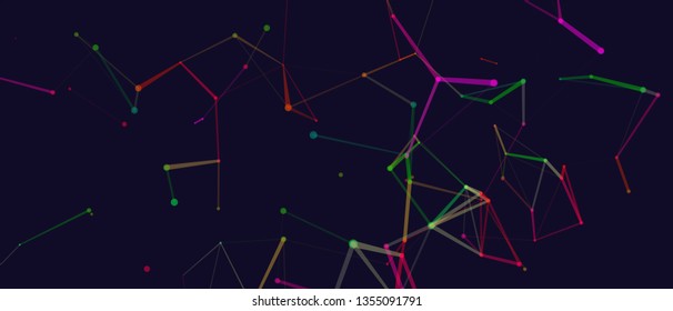 Abstract dots connection in space. Polygonal background. Colorful low poly connections. Worldwide network communication concept. Broken wireframe . Vector illustration