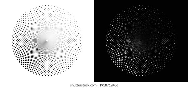 Abstract dots halftone circle. Black dots over white background. Gray random dots over black background.