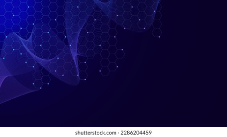 Abstract dots and line with hexagons, particles and wave flow background. Molecular structure, digital data visualization, technology, chemistry concept. Vector illustration.