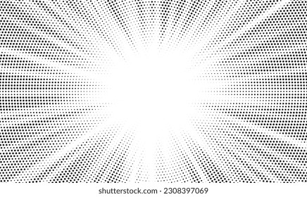 El fondo de los puntos abstractos está alineado. Brote de sol cómico de estilo retro con raya de puntos. Ilustración vectorial.