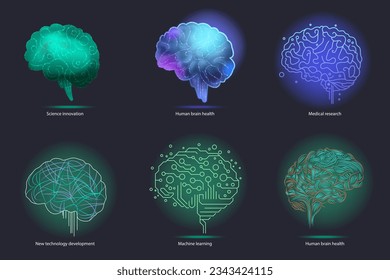 Resumen de puntos y líneas del concepto de logotipo cerebral. Innovación en ciencia Nuevo desarrollo de tecnología Inicio de TI Salud del cerebro humano Investigación médica Aprendizaje automático Ilustración del vector