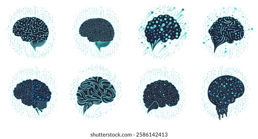 Abstract dots and lines brain logotype concept. Logo for science innovation, machine learning, AI, medical research, new technology development, human brain health, it startup. Abstract circuit board