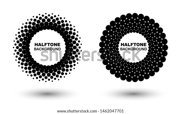 Abstract dots logo emblem design element.\
Round border icon using halftone circle dots. Half tone circular\
background pattern. Halftone circle dotted\
frame.
