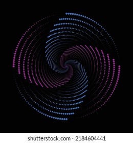 Abstract dots moving in blue and pink circles technology on black background.