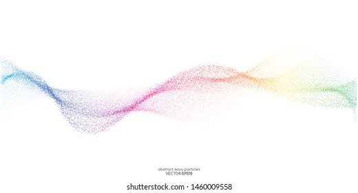 Abstract dots particles flowing wavy colorful isolated on white background. Vector illustration design elements in concept of technology, energy, science, music.