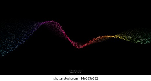 Abstract dots particles flowing wavy colorful rainbow isolated on black background. Vector illustration design elements in concept of technology, energy, science, music.
