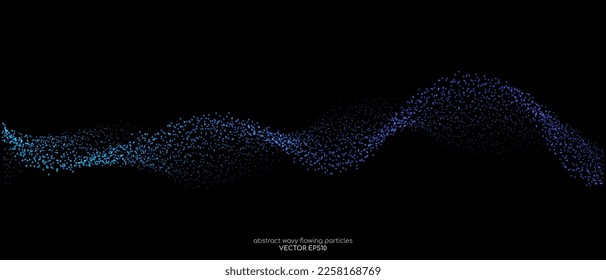 Abstract dots particles flowing wavy colorful gradient blue green light isolated on black background. Vector illustration design elements in concept of technology, energy, science, music.