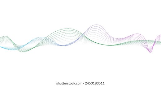 Abstractas partículas de puntos que fluyen onduladas de colores aisladas sobre fondo blanco.